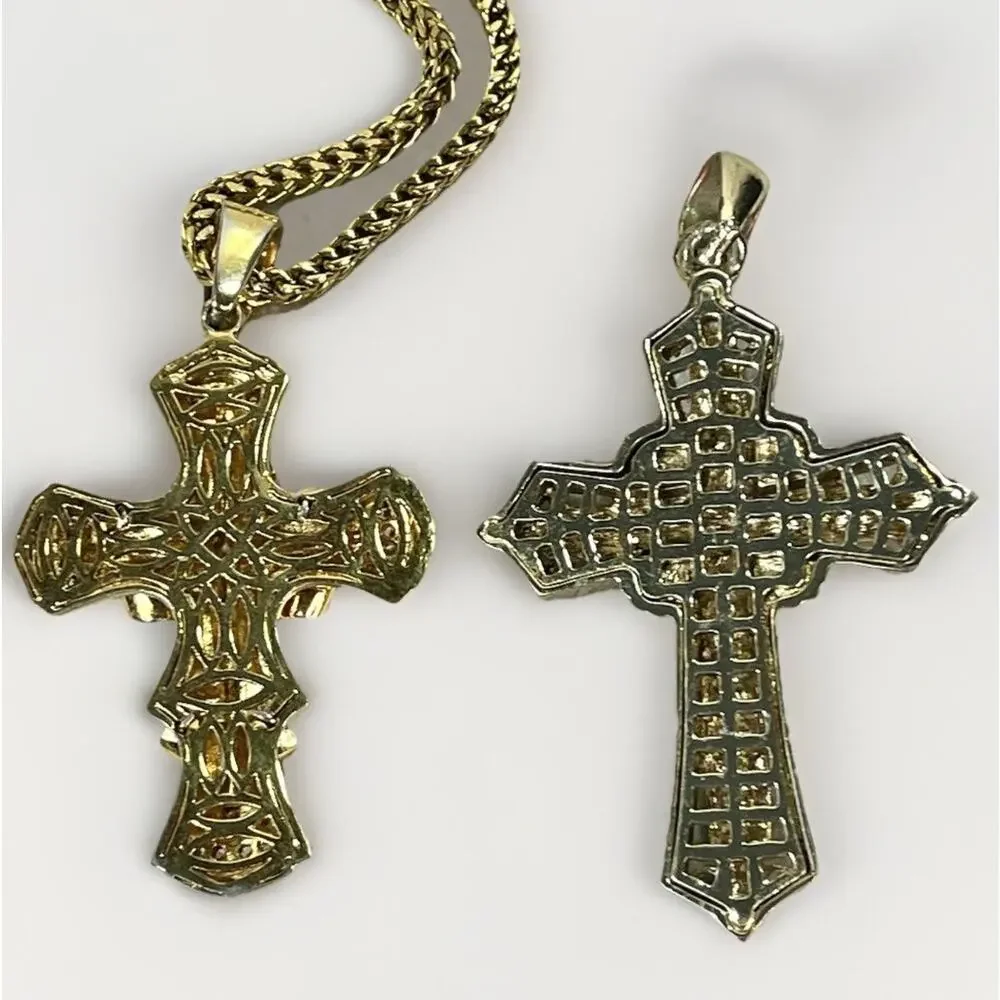 Lg Gold Tone Cross Pendant Lot w 30” Stainless Chain 2 Interchangeable Pendants